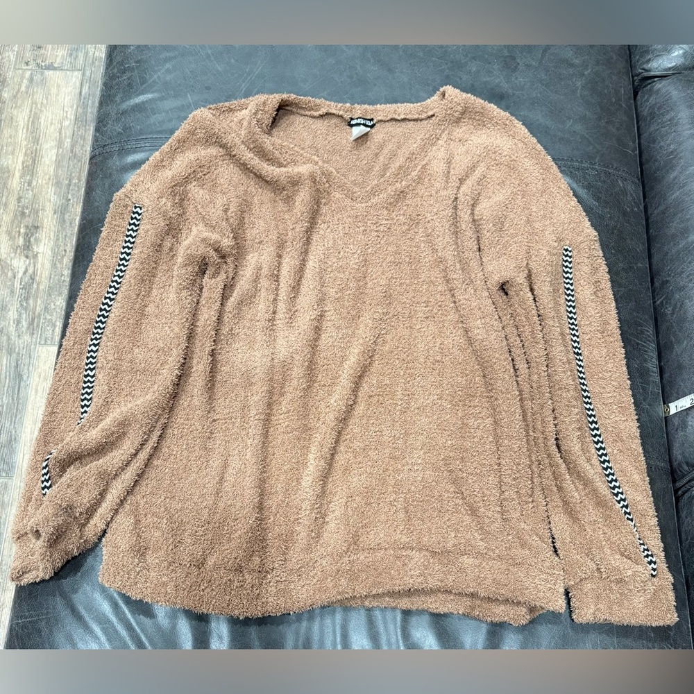 HEIMISH USA Brown V-Neck Super Soft Sweater with Checkered Sleeve Accents